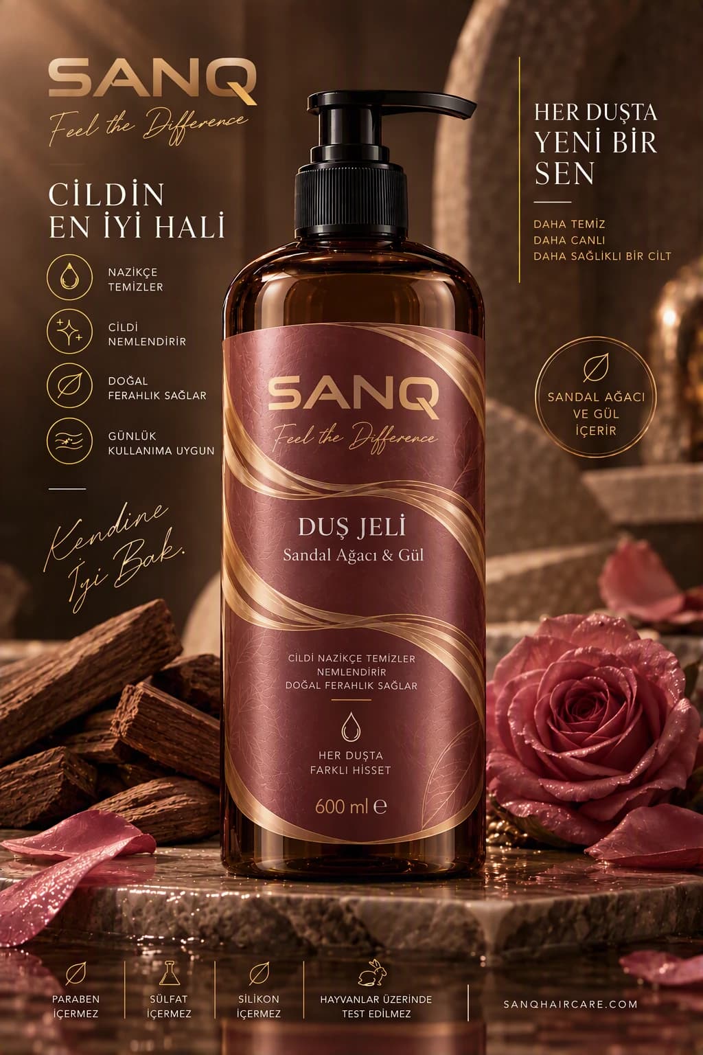SANQ Sandal Ağacı & Gül Duş Jeli, 600 ml pompalı şişe