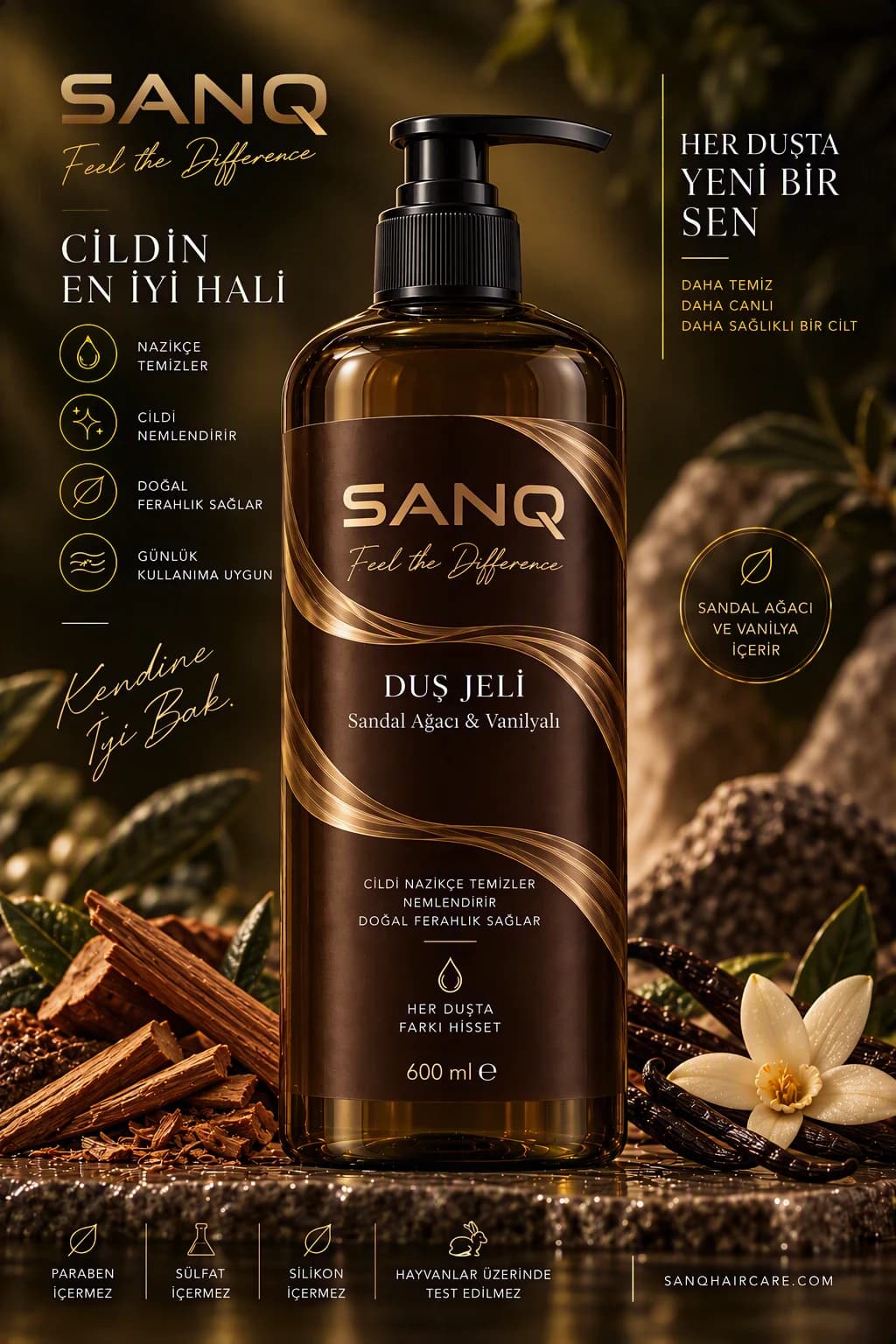 SANQ Sandal Ağacı & Vanilya Duş Jeli, 600 ml pompalı şişe