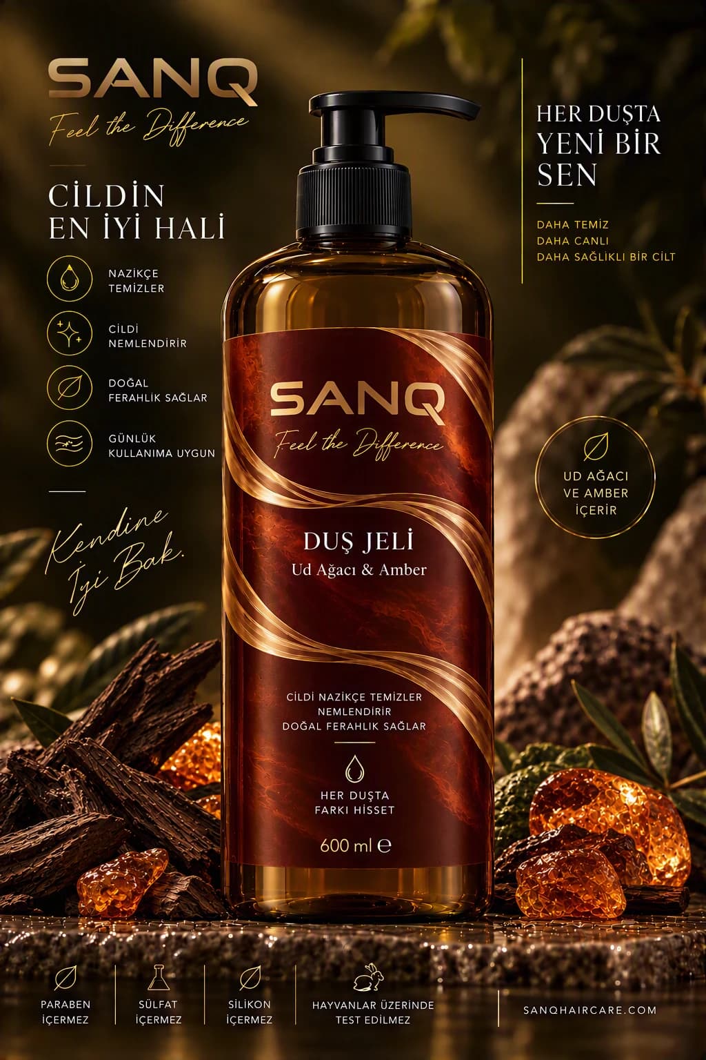 SANQ Ud Ağacı & Amber Duş Jeli, 600 ml pompalı şişe