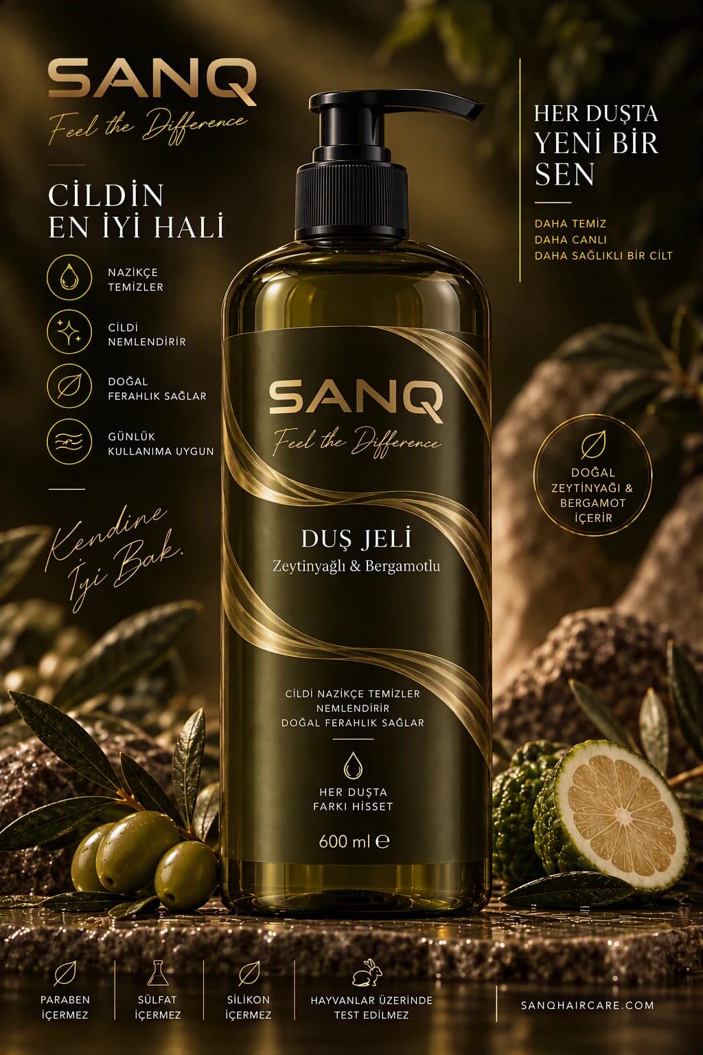 SANQ Zeytinyağı & Bergamot Duş Jeli, 600 ml pompalı şişe