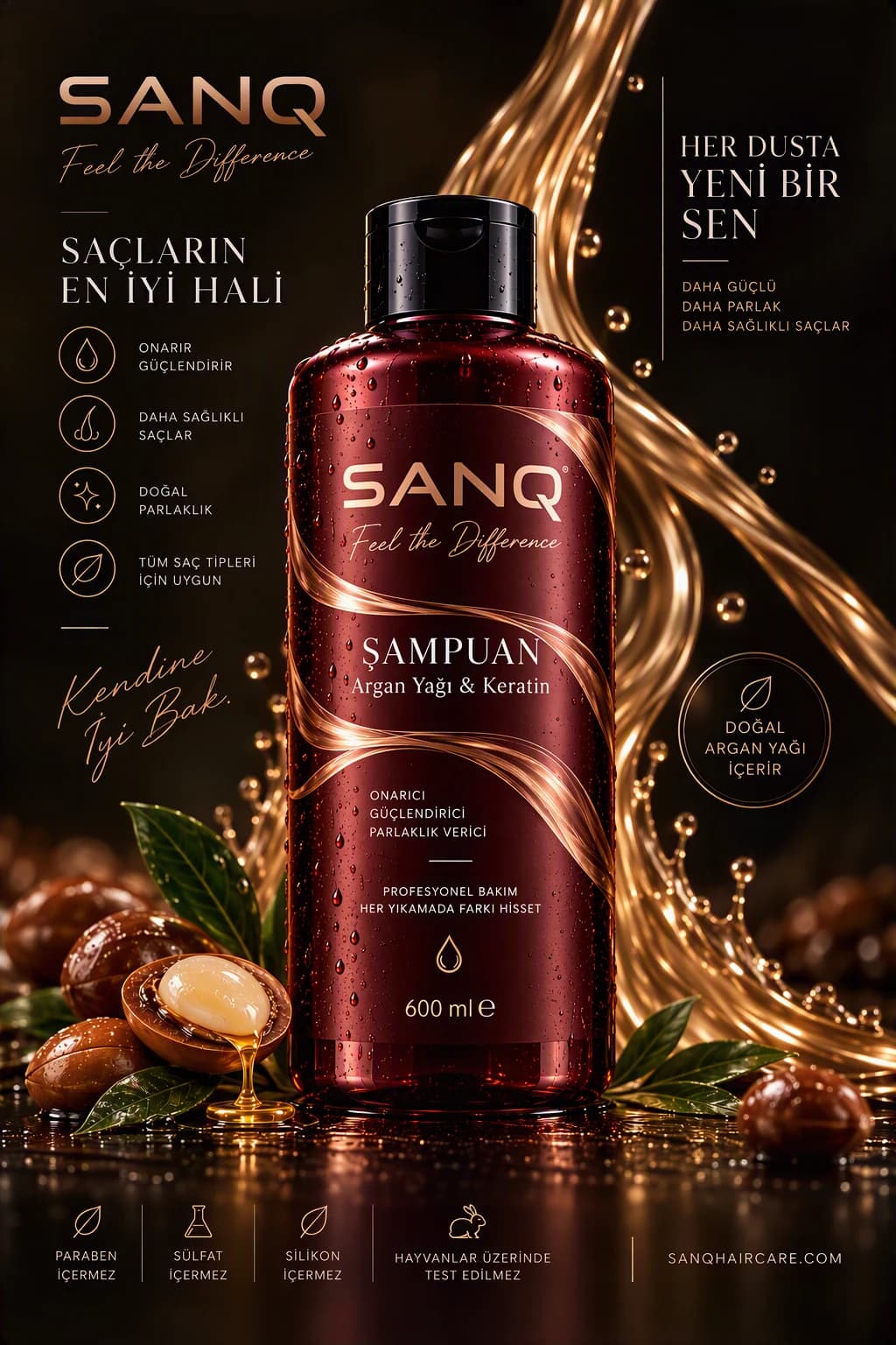 SANQ Argan Yağı & Keratin Şampuan, 600 ml kapaklı şişe