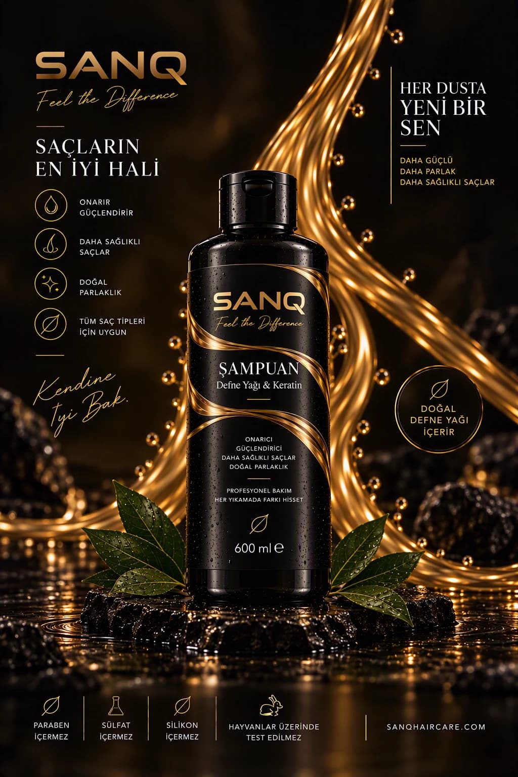 SANQ Defne Yağı & Keratin Şampuan, 600 ml kapaklı şişe