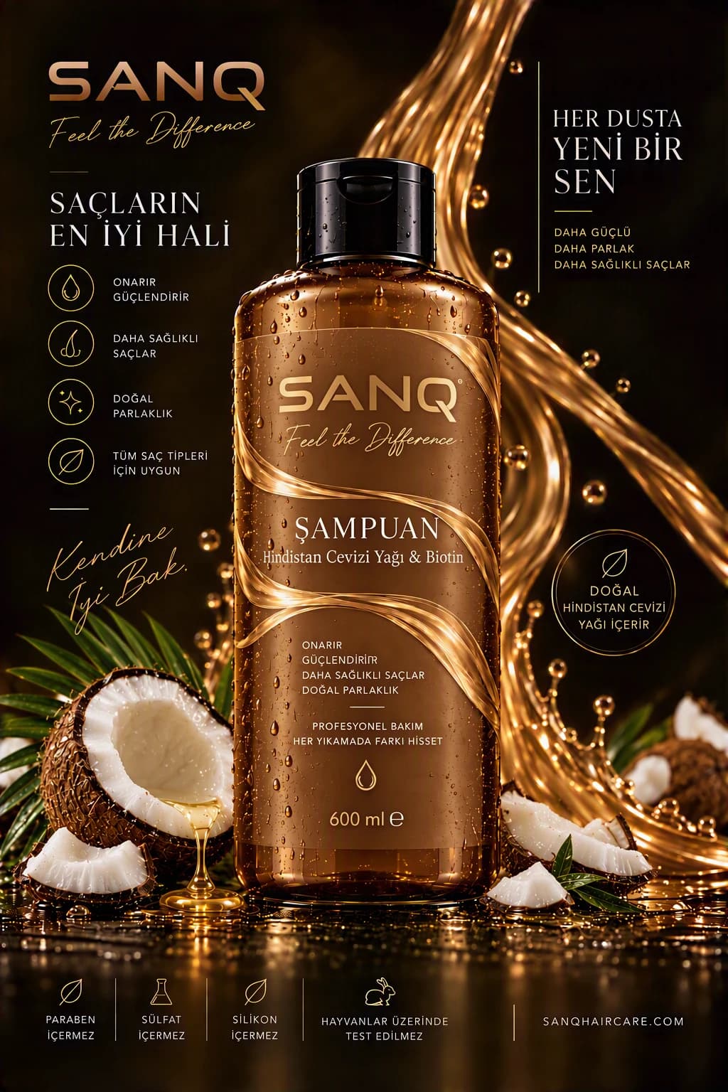 SANQ Hindistan Cevizi Yağı & Biotin Şampuan, 600 ml kapaklı şişe