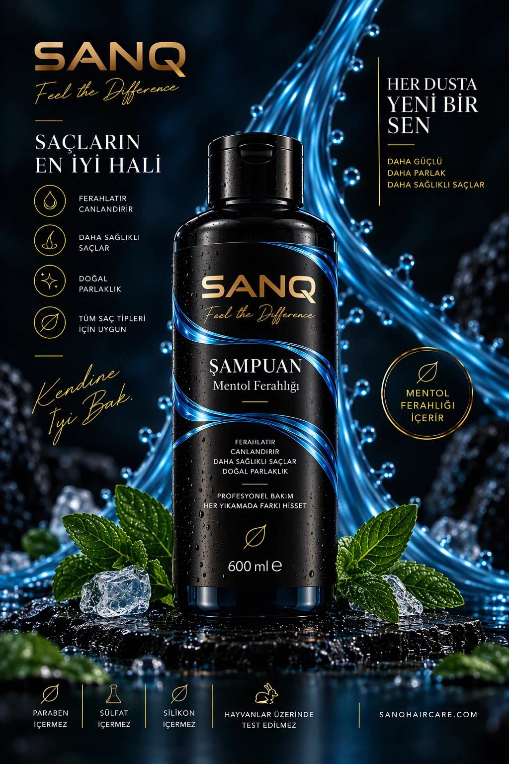 SANQ Mentol Ferahlığı Şampuan, 600 ml kapaklı şişe