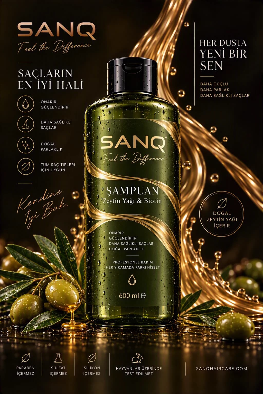 SANQ Zeytin Yağı & Biotin Şampuan, 600 ml kapaklı şişe